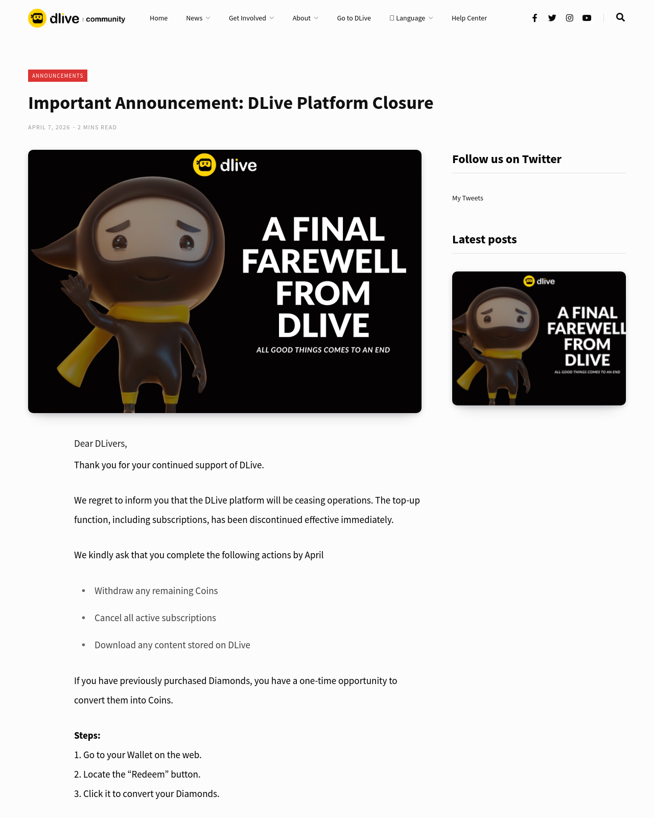 DLive's closure announcement, posted April 7, 2026 to community.dlive.tv