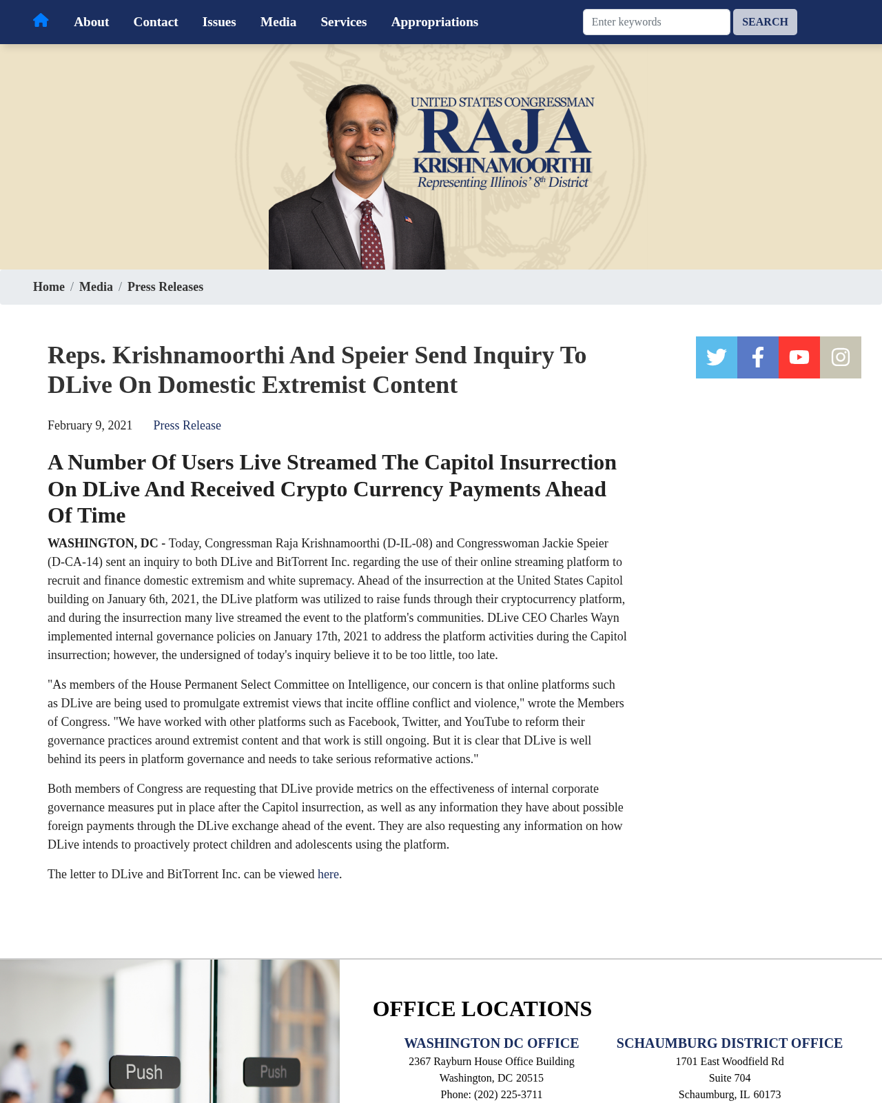 House Permanent Select Committee on Intelligence press release announcing the Krishnamoorthi-Speier letter, February 9, 2021