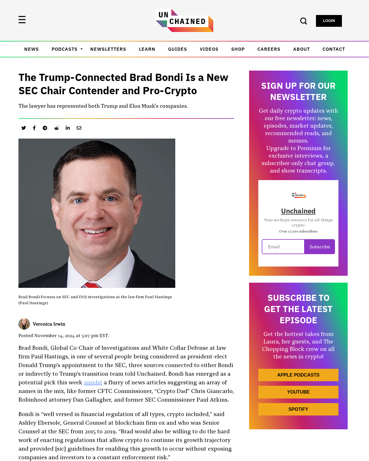 Unchained Crypto's November 2024 profile naming Brad Bondi as a Trump-considered SEC Chair contender