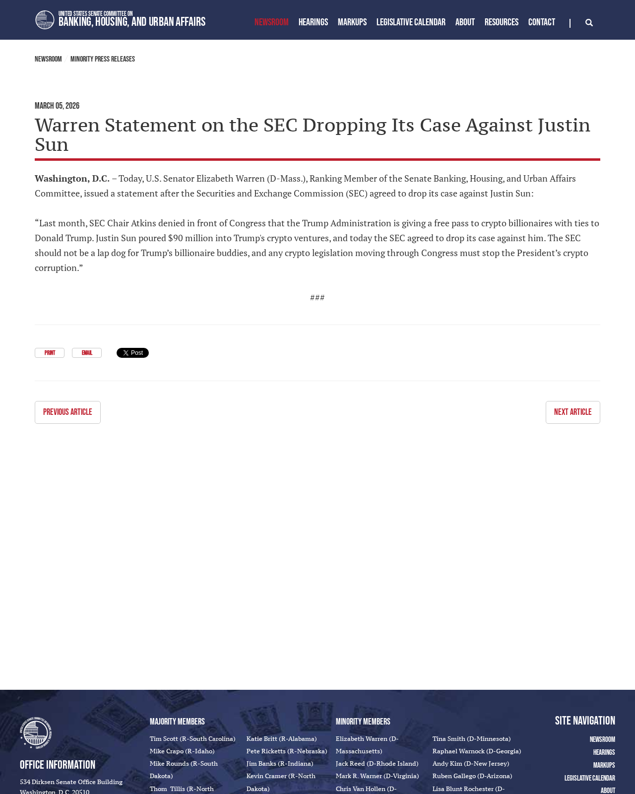 Sen. Elizabeth Warren's statement, issued through the Senate Banking Committee minority on March 5, 2026